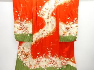 未使用品　枝垂れ梅に毬・折鶴模様刺繍子供着物
